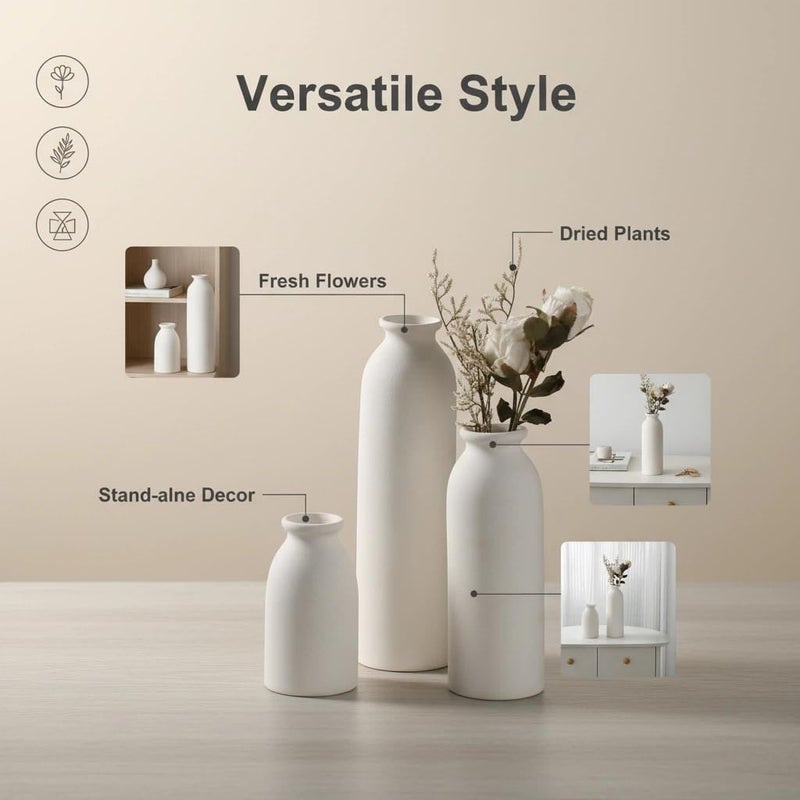 CEMABT White Ceramic vase Set-3 Flower vases for Decor,Modern Boho Farmhouse Home Decor,Decorative vase for Pampas Grass&Dried Flowers,idea Shelf,Table,Bookshelf - Image 4